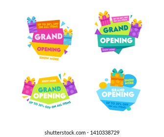 Grand Opening Templates Collection Design for Promo Posters, Advertising Banners, Ad Flyers. Labels and Badges Set with Colorful Typography, Cartoon Gift Boxes and Geometric Shapes Vector Illustration