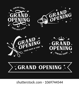 Grand opening templates set. Lettering design elements for opening ceremony. Retro style typography. Vector vintage illustration.