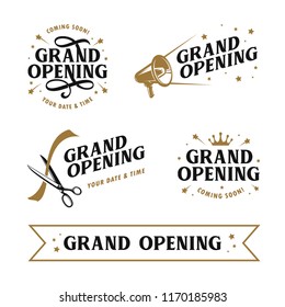 Grand opening templates set. Lettering design elements for opening ceremony. Retro style typography. Vector vintage illustration.