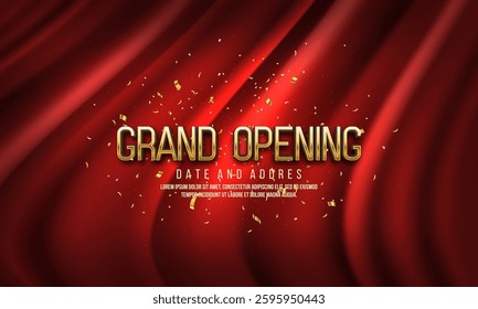 Grand opening text with confetti on red curtain background. Ceremony presentation. Vector illustration.
