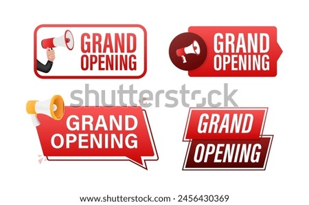 Grand Opening text with Megaphone label set. Megaphone in hand promotion banner. Marketing and advertising