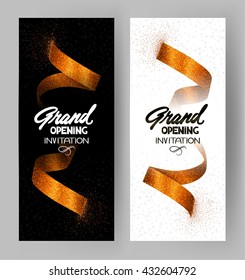 Grand opening textured banners with gold sparkling ribbons. Vector illustration