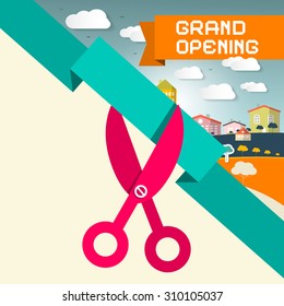 Grand Opening Title with Scissors and Town