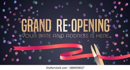 Grand opening or re opening vector background. Design element with golden sign and red ribbon cutting for poster or banner for opening or re-opening event