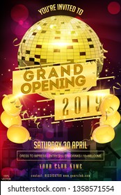 Grand opening vector background. Golden sign, air ball, disco ball on city background. Design template with sample text. Promote your Products and services with this great looking Banner.