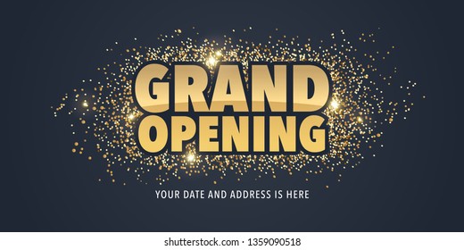 Grand opening vector background. Golden sign with glitter elements design for banner for opening event 