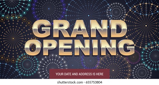 Grand opening vector background. Golden sign and fireworks display design element for poster or banner for opening event