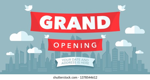 Grand opening vector background with modern paper cutout sign. Template banner for opening ceremony 