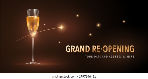 Grand opening or re opening vector background. Realistic glass of champagne design element for poster or banner for opening or re-opening event