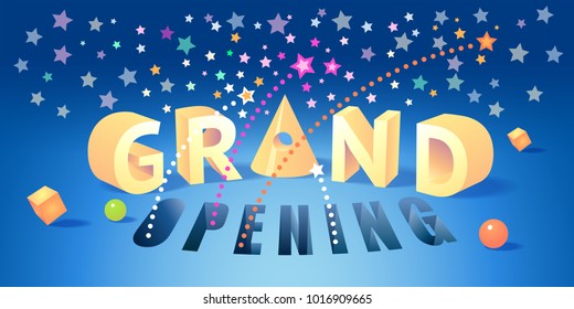Grand opening vector background. Red ribbon cutting ceremony design element with volumetric sign for flyer or banner for opening event