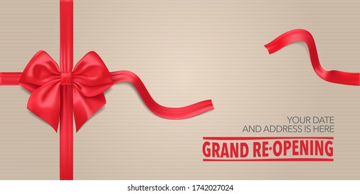 Grand opening or re opening vector background. Red ribbon and bow design element for poster or banner for opening or re-opening event