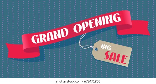 Grand opening vector background. Sale label design element with red ribbon for poster or banner for opening ceremony