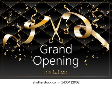 Grand opening vector background. Scissors cutting red ribbon design element for poster or banner for opening event.
