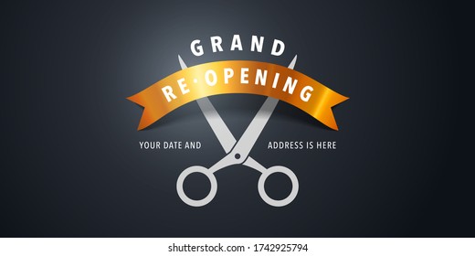 Grand opening or re opening vector background. Scissors cutting ribbon design element for poster or banner for opening or re-opening event