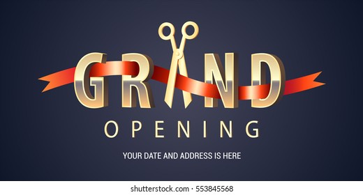 Grand opening vector background. Scissors cutting red ribbon design element for poster or banner for opening event