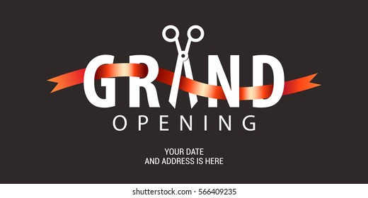 Grand opening vector background. Scissors and red ribbon nonstandard design element for  banner or backdrop for opening ceremony