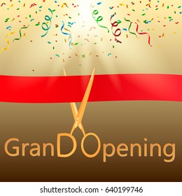 Grand opening vector background. Scissors cutting red ribbon design element for poster or banner for opening event.