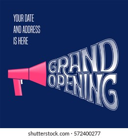 Grand opening vector banner, background. Template design element with speaking-trumpet for shop opening ceremony