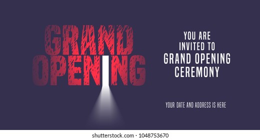 Grand opening vector banner, illustration, invitation card. Template nonstandard invite design with text for opening ceremony 