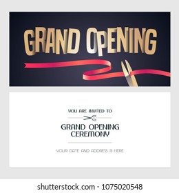 Grand opening vector banner, illustration, invitation card with red ribbon and scissors. Template invite design for new store opening ceremony 