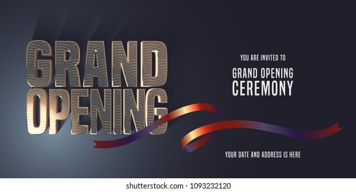 Grand Opening Vector Banner, Illustration, Invitation Card With Red Ribbon Cutting. Template Invite Design For New Store Opening Ceremony 