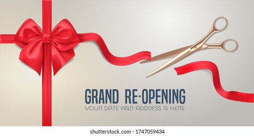 Grand opening or re opening vector banner, illustration. Nonstandard design element with scissors for red ribbon cutting for opening or re-opening  ceremony