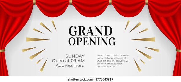 Grand opening vector banner, illustration. Template festive design element with red curtain, sign for opening ceremony