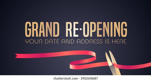 Grand opening or re opening vector banner, illustration. Design element with red ribbon cutting for opening or re-opening ceremony