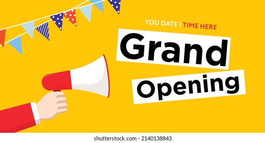 Grand opening. Vector banner illustration in flat design. Man with megaphone on bright yellow backdrop with colorful flags