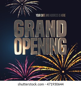 Grand opening vector banner, illustration. Template festive design element with fireworks, gold color sign for opening ceremony