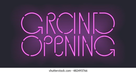 Grand opening vector banner, illustration. Template advertising design element with bright neon sign for opening ceremony, new shop