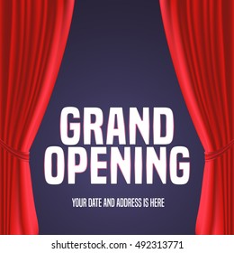 Grand opening vector banner, illustration. Template festive design element with red curtain, sign for opening ceremony