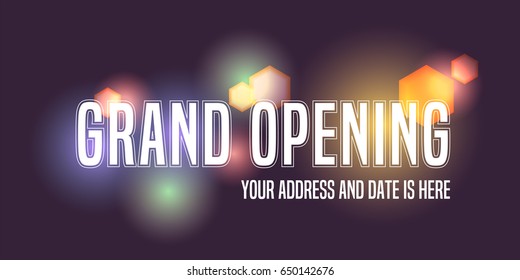 Grand opening vector banner, illustration. Template design element with letters and fireworks for new store opening ceremony