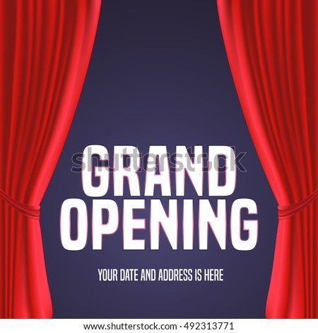 Grand opening vector banner, illustration. Template festive design element with red curtain, sign for opening ceremony