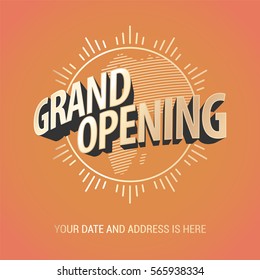 Grand opening vector banner. Nonstandard design element with gold color lettering and graphic sun for opening ceremony, can be used as background