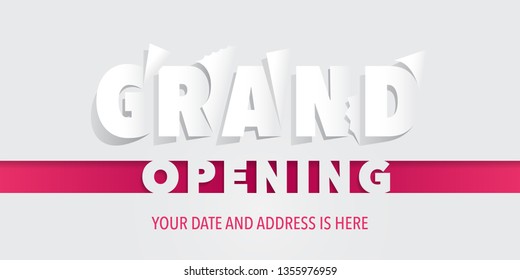 Grand opening vector banner with paper cut out text on background. Template design element for opening ceremony can be used as poster or backdrop 