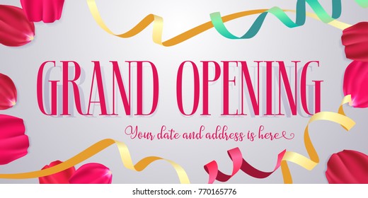 Grand opening vector banner, poster, illustration. Nonstandard design element with elegant background and rose petals for opening ceremony