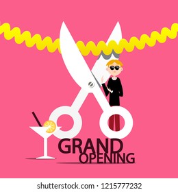 Grand Opening Vector Design with Businessman, Scissors Cutting Ribbon and Dring in Glass on Pink Background