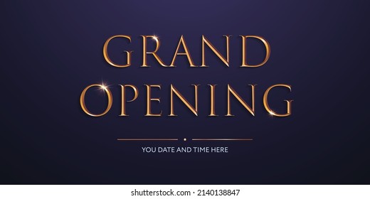 Grand opening. Vector design template. Gold glowing elegant inscription on dark blue backdrop