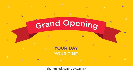 Grand opening. Vector design template. Flat design. Red ribbon with lettering on yellow backdrop with confetti