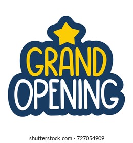 Grand opening. Vector hand drawn badge with icon illustration on white background.