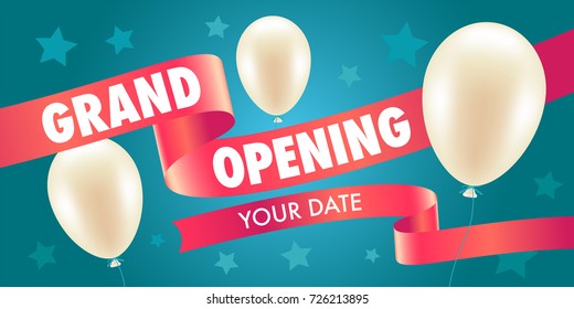 Grand opening vector illustration with air balloons and red ribbon. Template design element for opening ceremony can be used as banner or flyer