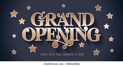 Grand opening vector illustration, background for new store, etc with vintage style sign. Template banner, design element for opening event, red ribbon cutting ceremony 