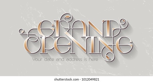 Grand opening vector illustration, background for new store with elegant lettering. Template banner, design element for opening event, red ribbon cutting ceremony 