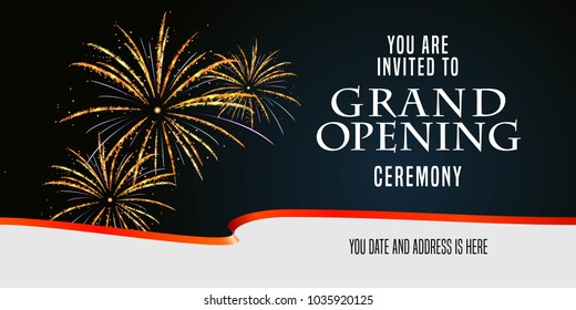 Grand opening vector illustration, background, invitation card with firework and scissors cutting red ribbon. Template banner, flyer  for opening event 