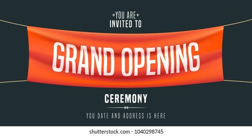 Grand opening vector illustration, background, invitation card.  Template banner, invite for red ribbon cutting ceremony 