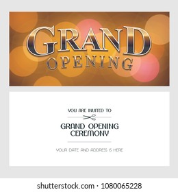 Grand opening vector illustration, background, invitation card.  Template banner, invite for opening ceremony with golden sign 