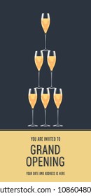 Grand opening vector illustration, background, invitation card. Template invite with glasses of champagne to red ribbon cutting ceremony with body copy 