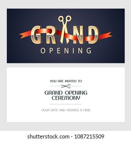 Grand opening vector illustration, background, invitation card. Template banner, invite with scissors and red ribbon for opening event 