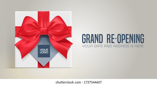 Grand opening or re opening vector illustration, background. Design element with red ribbon and bow for opening or re-opening ceremony